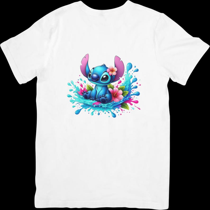 May include: A white t-shirt with a blue Stitch character from Lilo & Stitch. Stitch is surrounded by blue, pink, and white water splashes and pink flowers.