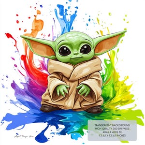 4 Baby Yoda PNG Clipart, Splash und Aquarell für Sublimation, TRANSPARENTER HINTERGRUND, hohe Auflösung 300 DPIs, Instant Download Clip Art