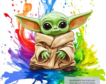 4 Baby Yoda PNG-clipart, splash en aquarel voor sublimatie, TRANSPARANTE ACHTERGROND, hoge resolutie 300 DPI's, illustraties direct downloaden