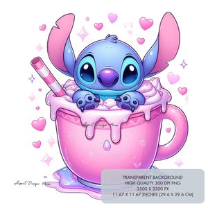 3 lindas imágenes prediseñadas PNG de Stitch x Chocolate caliente, diseños de sublimación Kawaii rosa de alta calidad 300 dpi, diseño de camiseta para niños, descarga digital