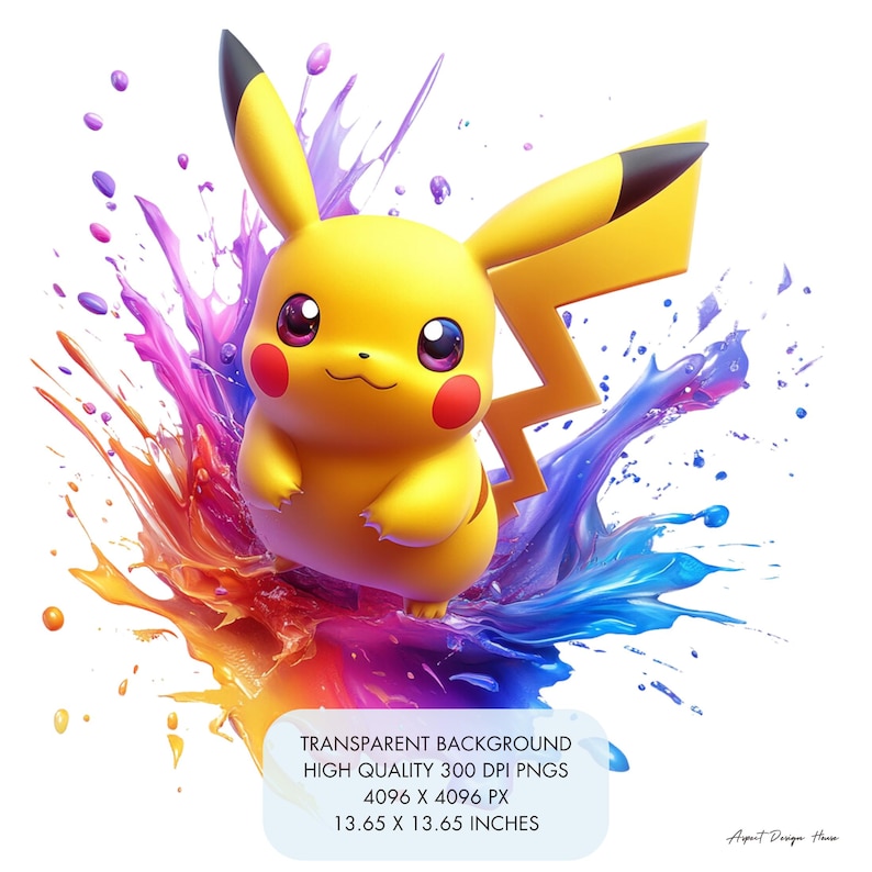 May include: A yellow Pikachu cartoon character with red cheeks and a black lightning bolt tail, standing in a colorful splash of paint. The background is white.