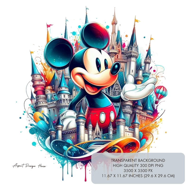 May include: Colorful illustration of Mickey Mouse in front of a castle. Mickey is wearing red shorts and white gloves, with a cheerful expression. The background features a detailed castle with blue, red, and gray towers, and colorful paint splatters. The image is 11.67 x 11.67 inches.