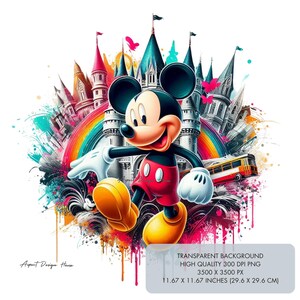 May include: A vibrant illustration of Mickey Mouse in front of a colorful castle and rainbow. Mickey is wearing red shorts, yellow shoes, and white gloves. The image has a transparent background and measures 11.67 x 11.67 inches (29.6 x 29.6 cm).