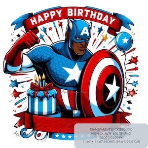 2 Clipart PNG personalizzabili di Capitan America per il compleanno, design a sublimazione, immagine di maglietta da supereroe a 300 dpi, download digitale