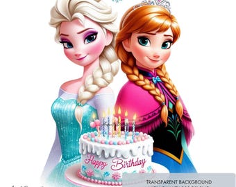 1 Wszystkiego najlepszego z okazji urodzin Frozen Elsa i Anna PNG dla solenizantki, siostry księżniczki, wysokiej jakości wzory sublimacji, clipart, pobieranie cyfrowe