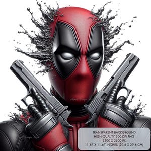 1 Deadpool em ação PNG, Super herói PNG, Designs de sublimação de alta qualidade de 300 dpi, Impressões de arte de parede, clipart, design de camisa, Download digital
