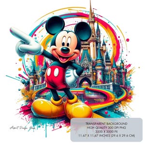 May include: A vibrant illustration of Mickey Mouse pointing towards a colorful castle. Mickey is depicted in his classic outfit with red shorts, yellow shoes, and white gloves. The background features a rainbow-colored design and the text "TRANSPARENT BACKGROUND HIGH QUALITY 300 DPI PNG 3500 X 3500 PX 11.67 X 11.67 INCHES (29.6 X 29.6 CM)".