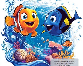 4 Finding Nemo Splash en aquarelontwerp voor sublimatie, PNG-bestand met hoge resolutie 300 DPI, direct downloaden, Finding Dory, Dory en Nemo