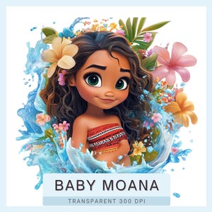 Puede incluir: Una ilustración de dibujos animados de Moana, una joven polinesia con cabello castaño y ojos verdes, que lleva un top rojo y blanco. Está rodeada de agua azul y flores tropicales.