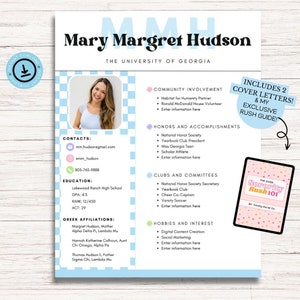 Sorority Resume Template, Resume with Photo, Modern Resume, Sorority Resume, Cover Letter Template, Sorority Letters, Canva Resume, Rush Kit
