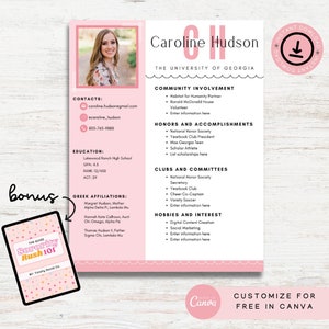 Sorority Resume Template, Sorority Recruitment, Sorority Template, Resume with Photo, Modern Resume, College Resume Template, Sorority Rush