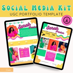 May include: A social media kit template with a pink and green color scheme. The template features a woman's headshot and a list of brands she has worked with. The template also includes key stats and a call to action to connect with the woman.
