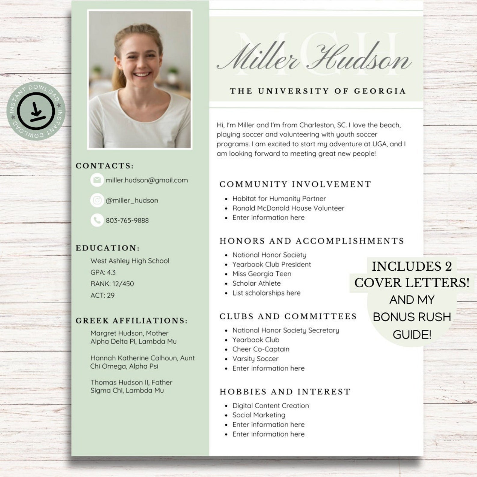 Sorority Resume Template, Sorority Resume With Photo, Recruitment