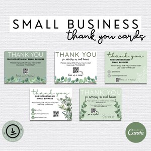 以下が含まれることがあります： 花柄の緑と白のサンキューカード4枚。カードには「私の小さなビジネスを支援してくれてありがとう」と書かれています。各カードにはQRコードと割引コード「THANKS20」があります。