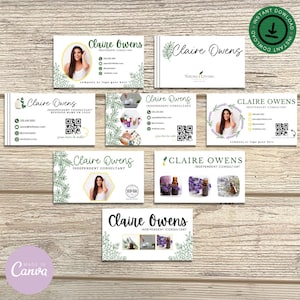 Pode incluir: Um conjunto de oito cartões de visita para uma consultora independente da Young Living chamada Claire Owens. Os cartões apresentam uma variedade de designs, incluindo padrões florais, garrafas de óleos essenciais e uma foto de Claire. O texto nos cartões inclui o nome de Claire, seu título, suas informações de contato e o logotipo da Young Living.