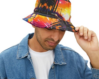 Graphic - Cityscape Bucket Hat, City lover hat, Streetwear lover hat, Urban lover hat, Bucket hat lover gift, Unique gift ideas