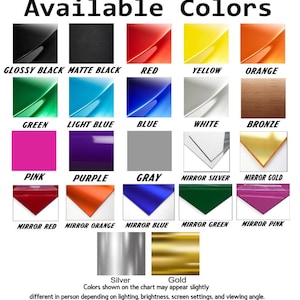 May include: A color chart displaying various color options, including glossy black, matte black, red, yellow, orange, green, light blue, blue, white, and bronze. Additional colors include pink, purple, gray, mirror silver, mirror gold, mirror red, mirror orange, mirror blue, mirror green, and mirror pink.