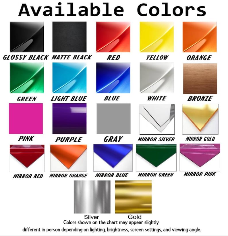 May include: A color chart displaying various color options, including glossy black, matte black, red, yellow, orange, green, light blue, blue, white, and bronze. Additional colors include pink, purple, gray, mirror silver, mirror gold, mirror red, mirror orange, mirror blue, mirror green, and mirror pink.