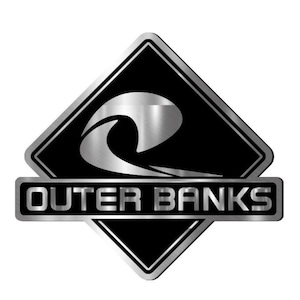 May include: A black and silver logo featuring the text "OUTER BANKS" in a rectangular banner. The logo is a silver wave design inside a black diamond shape, with a silver border.