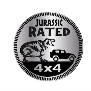 Custom Jurassic Rated Dino Tyrannosaurus Engraved Car Badge Acrylic Emblem BRUSHED SILVER |2 Badges| Jeep 4x4 Car-Safe Adhesive Easy Install