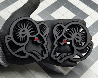 2x Custom Angry RAM Car Badge Matte/Black Red Eye Emblem Monster Truck Fender Logo Sport Offroad 4x4 SUV