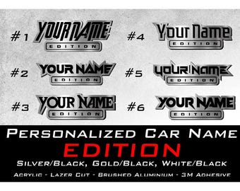 CUSTOM TEXT "EDITION" car emblem, Car badge - Brushed Silver - Customized Text Name! Pick a Font, Size & Style With Car-Safe Adhesive Easy!