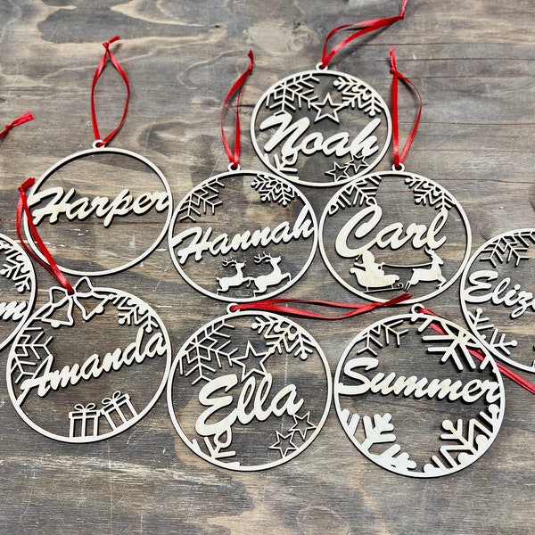 Custom Christmas Laser-Cut Ornaments, Personalized Xmas Tree Baubles, Wooden Xmas Ornaments, Custom Gift with Your Logo Here, Engraved Names