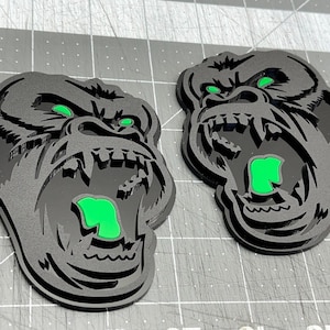 Angry Gorilla Green Eye Car Truck Emblem Badge Matte Black /Black Custom PK of 2