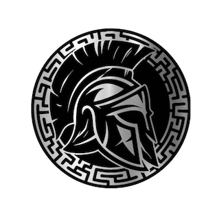 May include: A circular emblem featuring a stylized Spartan helmet in black and silver. The helmet is centered within a decorative border, creating a bold and striking design. The image is set against a plain white background.