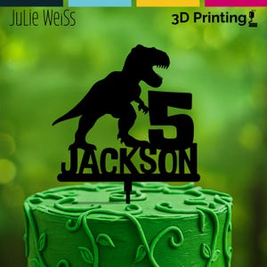 T-Rex Dinosaur Birthday Cake Topper – Custom Name & Age – 3D Printed Silhouette in Black – Boys Dino Party Decor