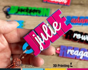 May include: A close-up of personalized keychains with names in various colors. The keychain in focus says "julie" in white script on a pink background. Other keychains with names like "jackson" and "reaga" are visible. The text "PERSONALIZED KEYCHAINS" is at the top.