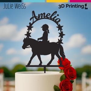 Horse Girl Walking Pony Western English Riding Cake Topper Custom Name Horse Birthday Party Decor – 3D Printed Silhouette with Acrylic Stem