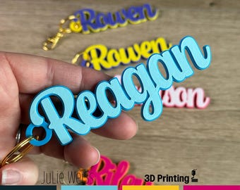 May include: A light blue and white personalized keychain spelling out the name "Reagan" in a cursive font. The keychain is held in a hand, with other personalized keychains in the background. The text "PERSONALIZED KEYCHAINS" is at the top.