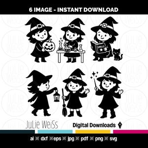 Könnte beinhalten: Schwarz-Weiß-Digital-Download mit sechs Hexen-Illustrationen. Jede Hexe wird in einer anderen Pose dargestellt, mit einem Kürbis, Zaubertränken, einem Zauberbuch, einer schwarzen Katze, einer Laterne, einem Besen und einem Zauberstab. Der Text "6 IMAGE - INSTANT DOWNLOAD" steht oben.