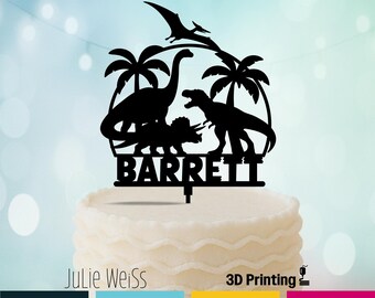 Personalized Dinosaur Cake Topper Custom Jurassic Birthday Decor Tropical Prehistoric Party Name Keepsake Silhouette