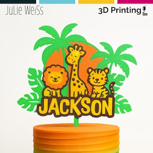 Jungle Birthday Cake Topper – Custom Name – Safari Animal Party Decor – 3D Printed Lion Giraffe Tiger Topper