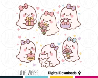 Pastel Kawaii Ghost Clipart Set: Girly Halloween SVG PNG (Digital Download)