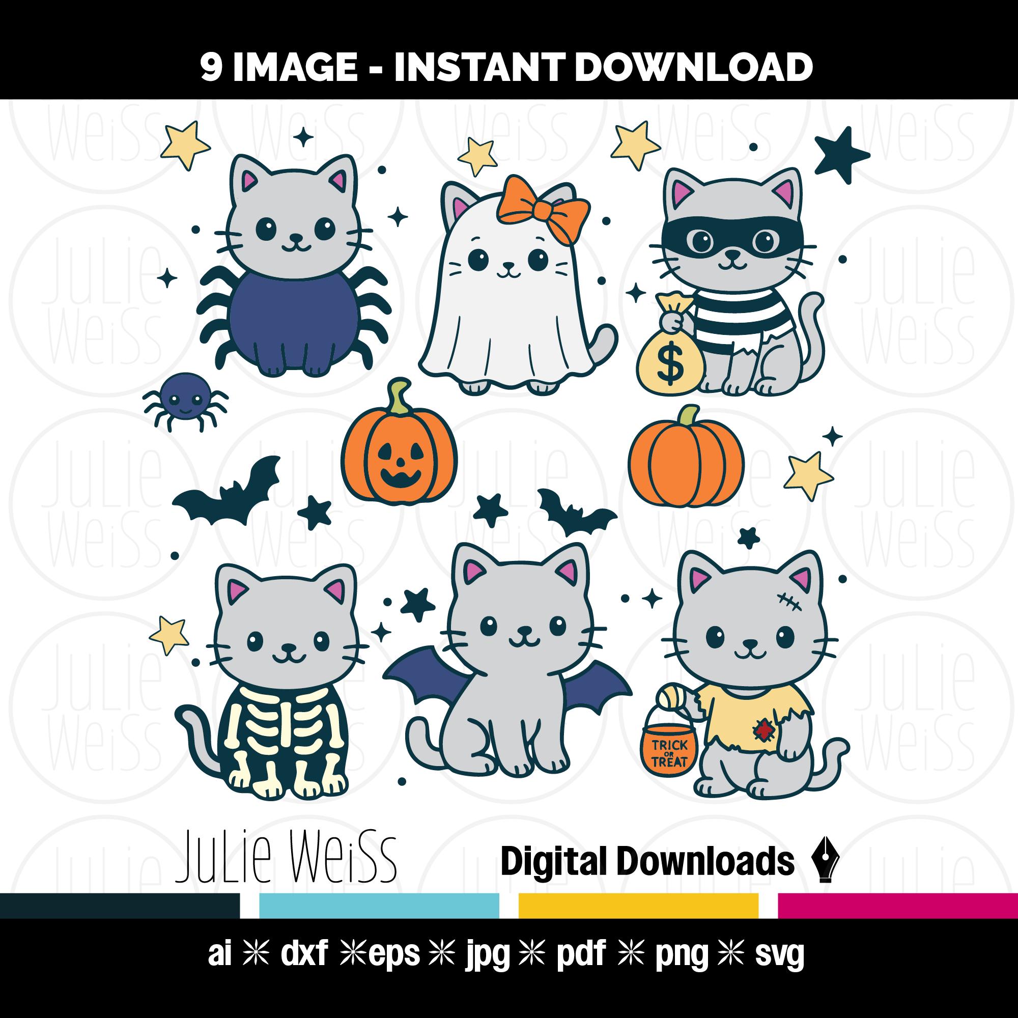 Kawaii Halloween Cat Clipart Set, Cute Cats in Costumes, Ghost ...