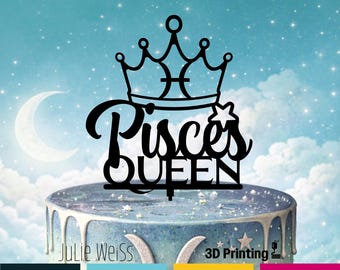 Pisces Queen Cake Topper Zodiac Birthday Decoration Celestial Astrology Party Personalized Custom Glitter