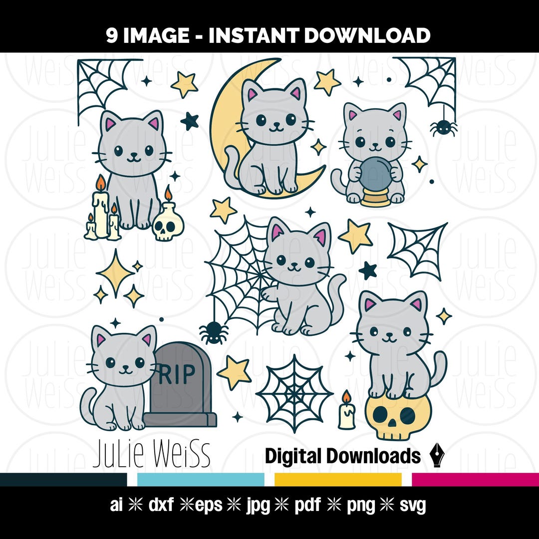 Kawaii Spooky Cat Clipart Set, Cute Halloween Cats With Moon, Webs, and ...