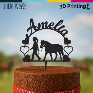 Horse Girl Walking Pony Western English Cake Topper – Custom Name – Horse Birthday Party Decor – 3D Printed Silhouette with Acrylic Stem