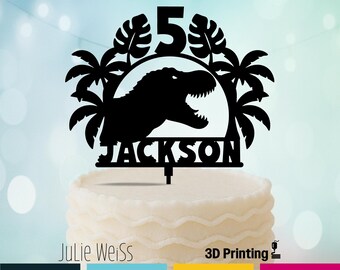 T Rex Dinosaur Cake Topper Personalized Name Age Tropical Jurassic Birthday Decor