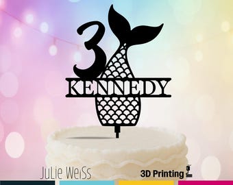Personalized Mermaid Tail Cake Topper: Custom Name & Age, Ocean Party Decor