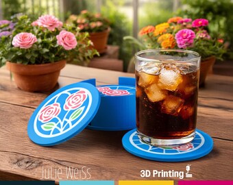 Blue Rose Floral Coaster Set of 8 with Holder | 3D Printed Coasters | One of a Kind | Cottage Garden Decor