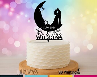 Personalized Moon Wedding Cake Topper, Bride Groom Silhouette Last Name and Date, Custom Mr and Mrs Decoration