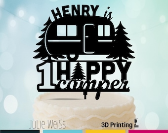 Camper Cake Topper • One Happy Camper Birthday Topper • Personalized Camping Theme • Custom Name Campfire Cake Decoration •  First Birthday