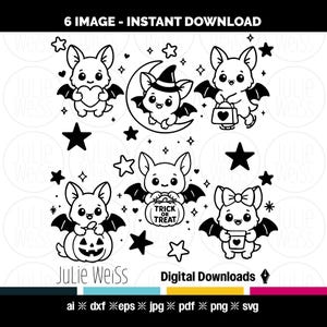 Schattige kawaii vleermuis clipart set schattige Halloween vleermuizen SVG PNG bundel Chibi heks pompoen Trick or Treat digitale download kawaii halloween graphics