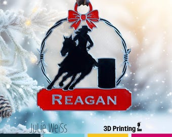 Adorno personalizado de carreras de barriles: adorno de caballo de rodeo impreso en 3D con nombre personalizado, decoración navideña vaquera para árbol de Navidad.