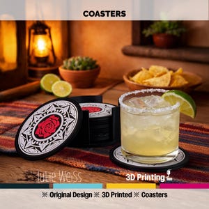 Rose Mandala Coaster Set of 8 with Holder | 4” Layered Drink Coasters | Handmade Hacienda Style Table Decor
