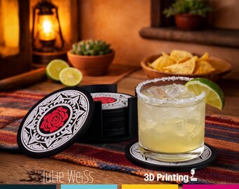 Rose Mandala Coaster Set of 8 with Holder | 4” Layered Drink Coasters | Handmade Hacienda Style Table Decor